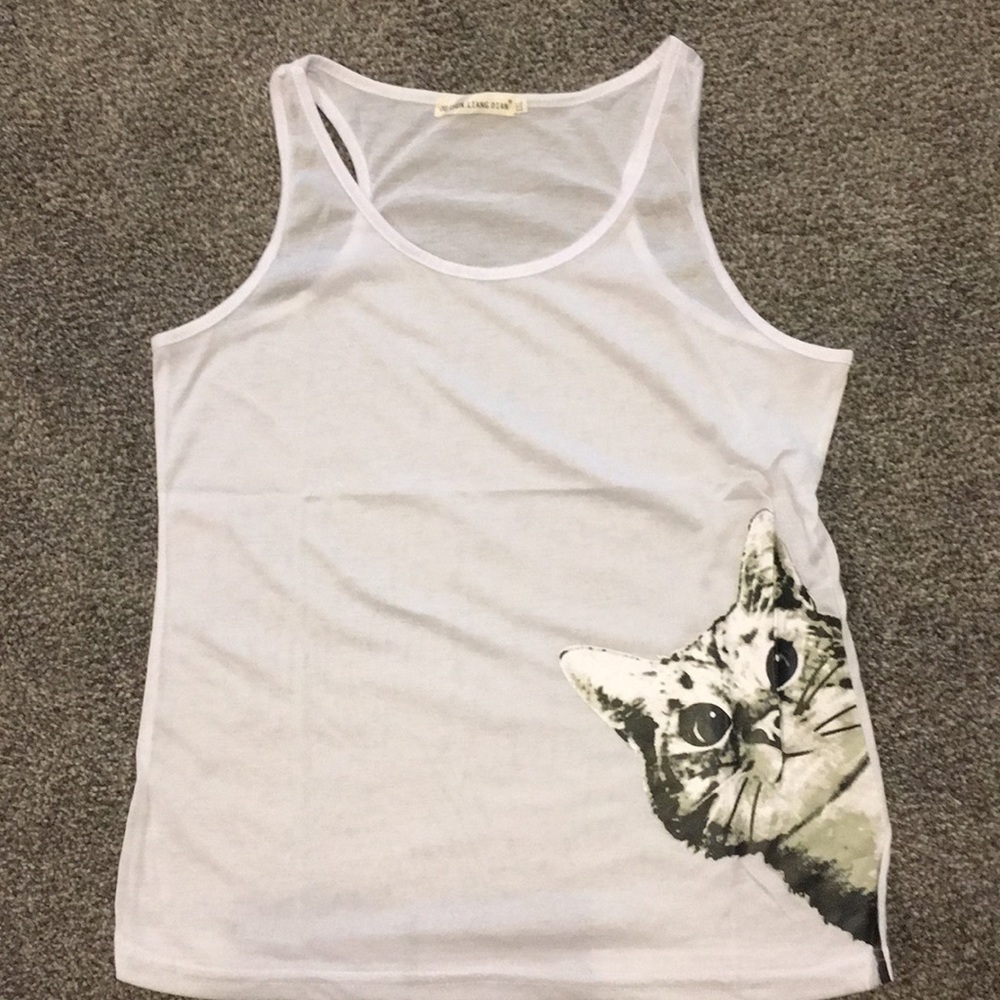 Oh Chun Liang Dian white kitten tank top